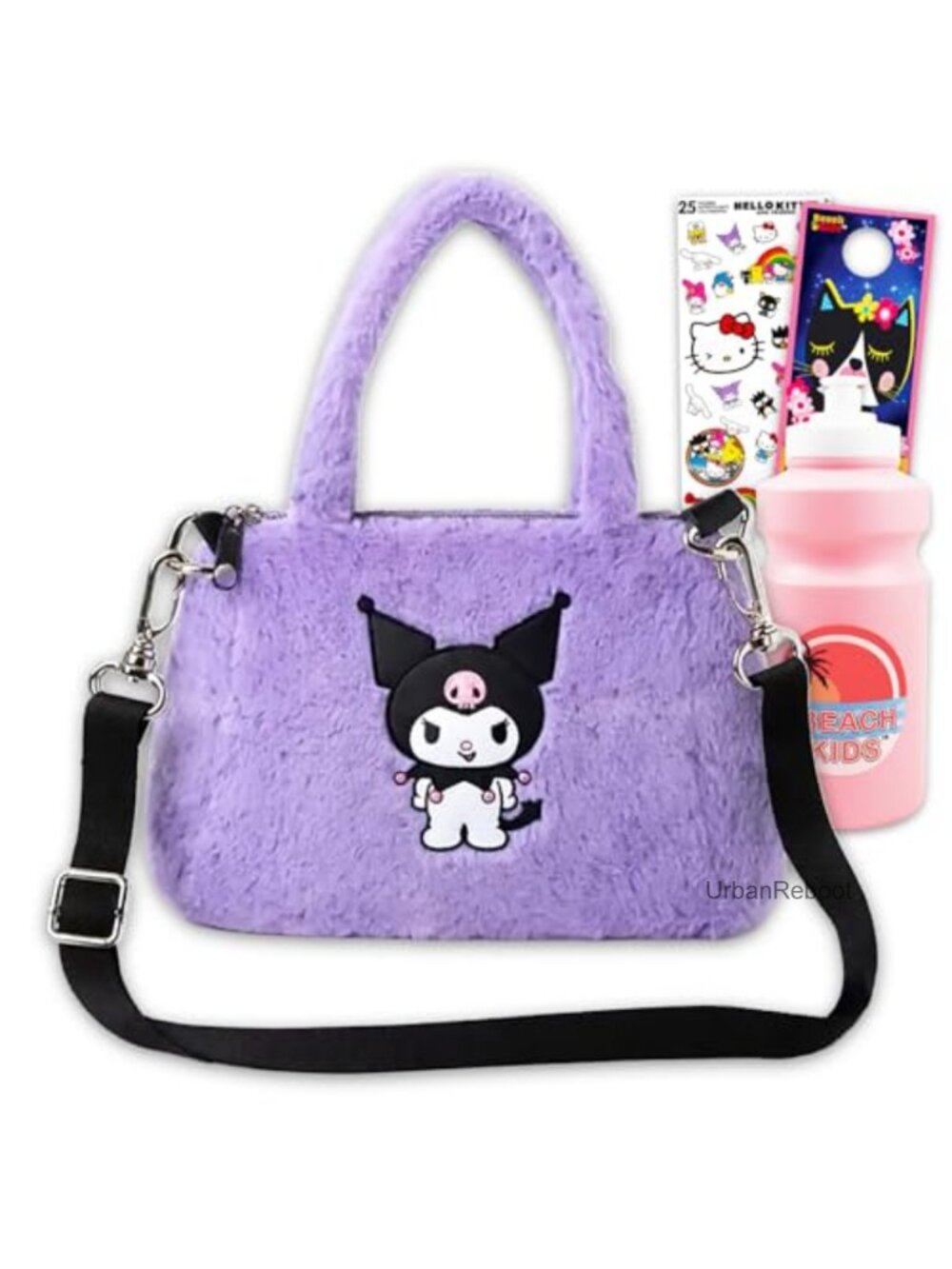 Kuromi Plush Purse for Girls Set Fuzzy Shoulder Bag Stickers Water Bottle